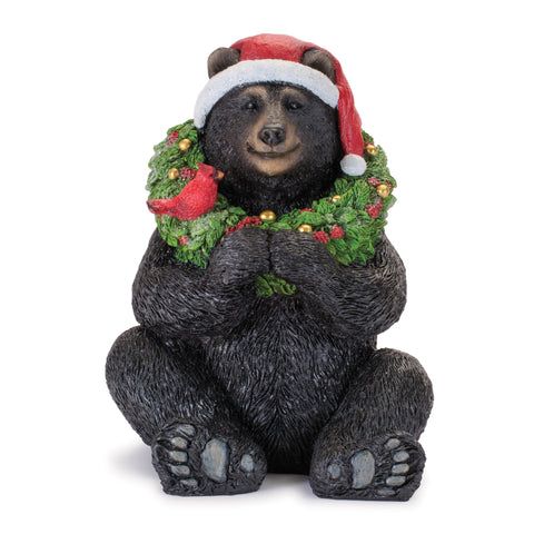 Resin Bear w/Santa Hat & Wreath Figurine, 7"