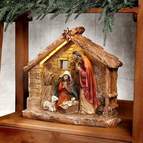 Resin LED Nativity in Crèche, Battery-operated W/ Timer, 16"