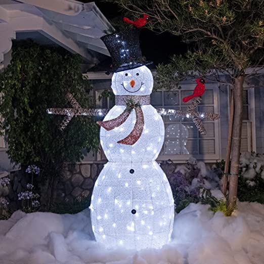 74"H White Mesh Snowman w/Birds 100 Cool White LED Lights