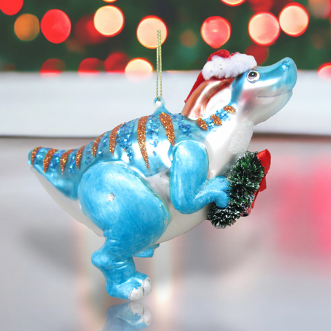 Blue Dinosaur w/Wreath Ornament