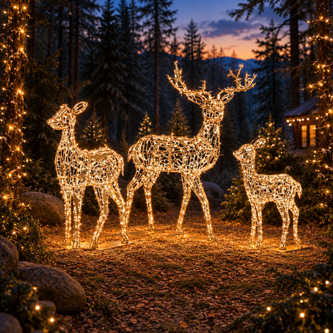 Large Deer Buck Figure, LED Lit (Gold/Warm White), 7ft