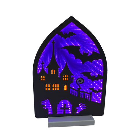 Halloween House w/Bats Infinity Light, Acrylic w/UL Plug, 12"