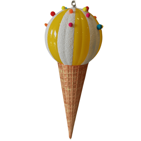 A whimsical ornament shaped like an ice cream cone, featuring a yellow and white striped spherical scoop topped with colorful pom-poms. The cone has a textured brown waffle design and a loop at the top for hanging. Perfect for adding a touch of spring and summer charm to your seasonal decor, the ACRO 26" Ice Cream Jumbo Finial is an eye-catching addition to any space.