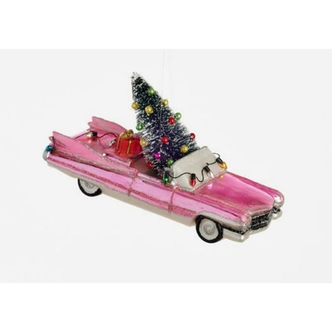Glass Oversized Pink Cadillac w/Tree Ornament, 8.25"