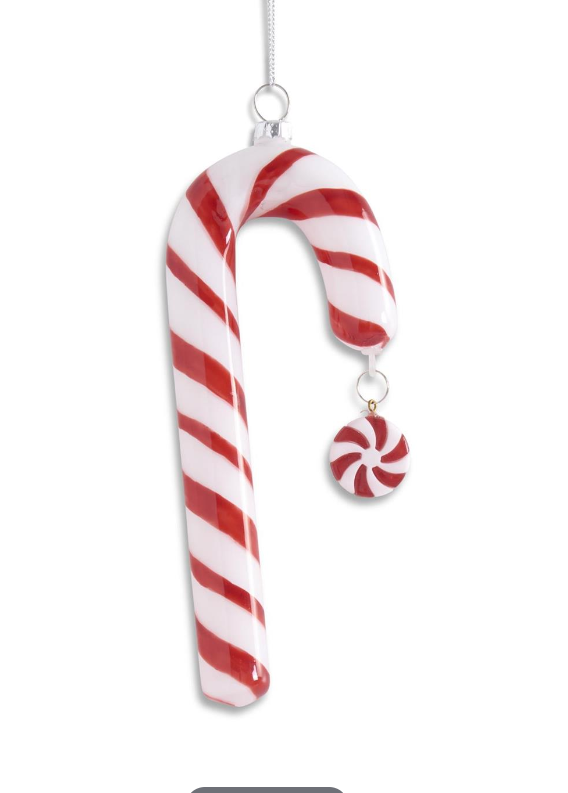 7.25 INCH HAND PAINTED RED & WHITE GLASS CANDY CANE ORNAMENT W/PEPPERMINT