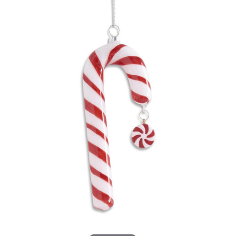 Hand-Painted Red & White Glass Candy Cane Ornament w/Peppermint, 7.25"