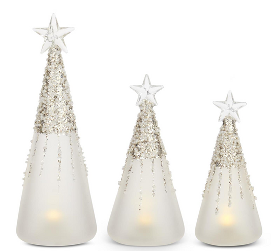 Frosted & Beaded Glass LED Glow Tree Figurines