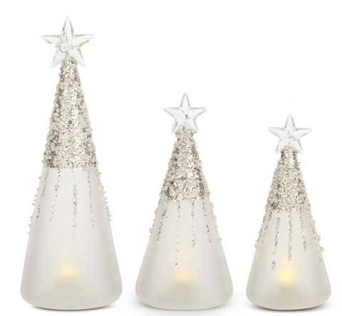 Frosted & Beaded Glass LED Glow Tree Figurines