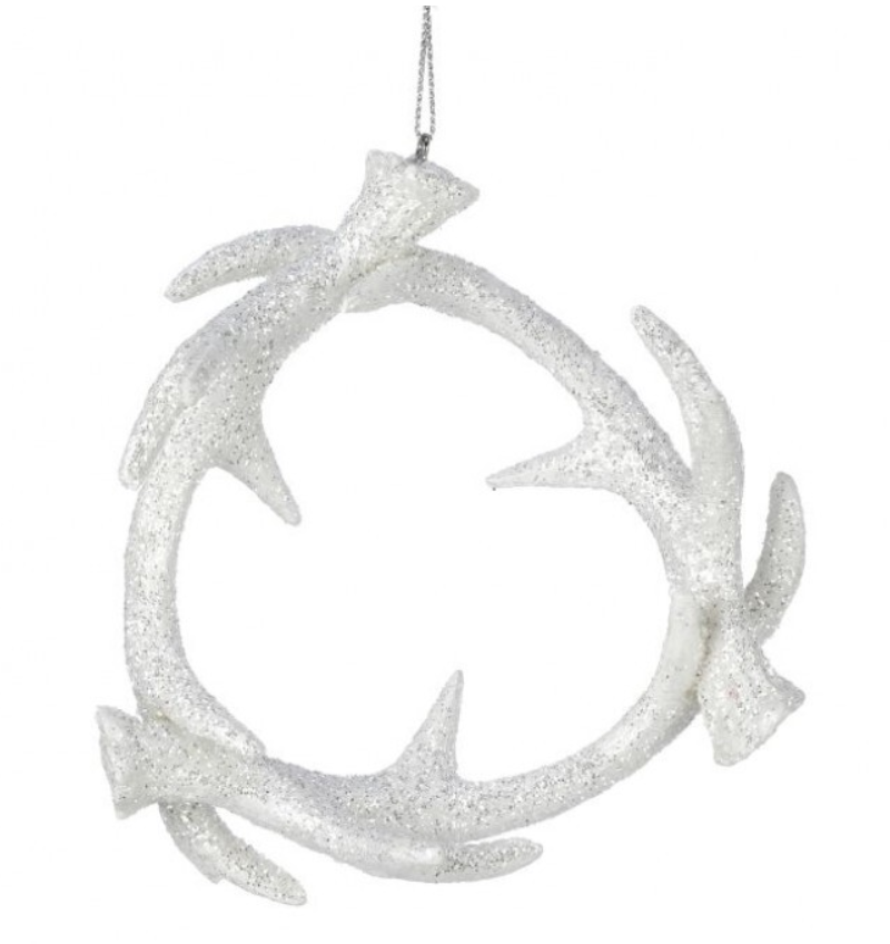 4.5" White Glittered Antler Wreath Ornament