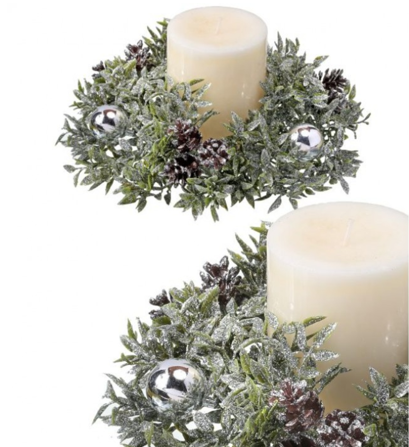 8" Glitter Tea Leaf Candle Ring w/Silver Ornaments
