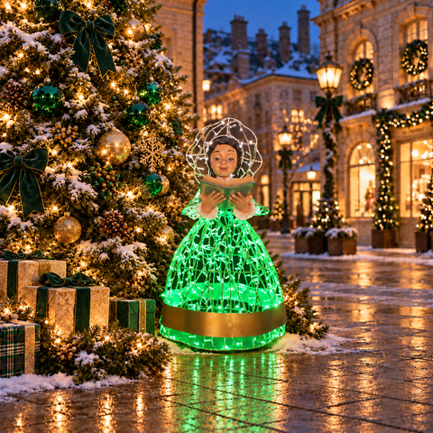 Large Christmas Carol "Emma" Figure, LED Lit w/Fiberglass (Green/White), 52"