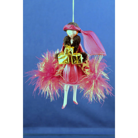 Lady Burgundy in Gold Coat W/ Feathers Ornament