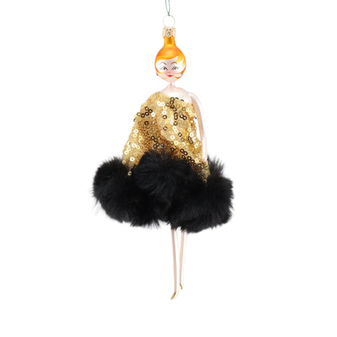 Lady in Sequin Gold Dress W/ Black Fur Ornament