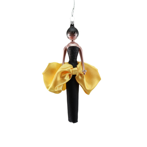 Lady in Black Dress W/ Big Yellow Bow Ornament, 6.5"