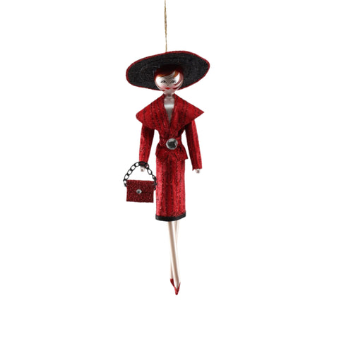 Lady in Red Suit W/ Black Hat Ornament