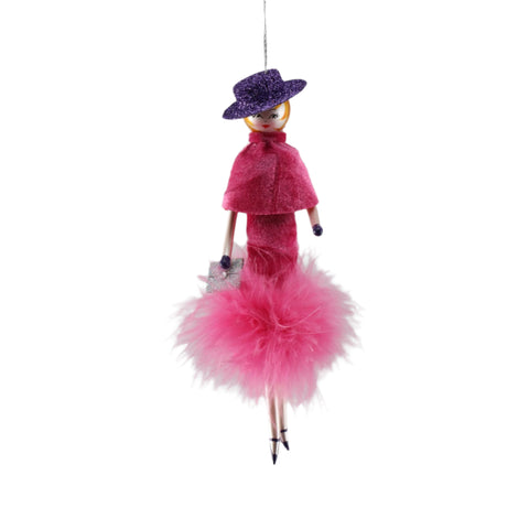 Lady in Fuxia Dress W/ Fur Ornament