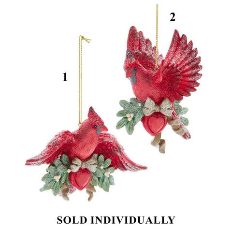 Mistletoe Cardinal With Red Heart Ornaments, 4.25" (2 styles - sold individually)