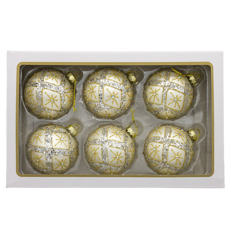 Glass Silver Ball Ornaments w/Gold & Silver Criss-Cross Glitter, 3.15" (Set of 6)