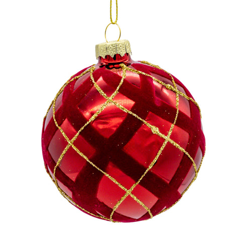 Glass Flocked Red w/Gold Glittered Design Ball Ornament, 3.15" (Set of 6)