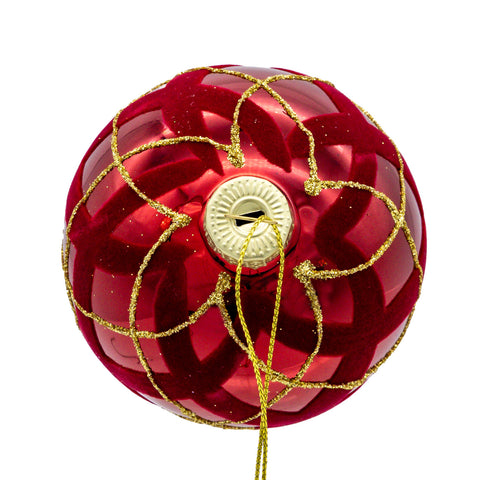 Glass Flocked Red w/Gold Glittered Design Ball Ornament, 3.15" (Set of 6)