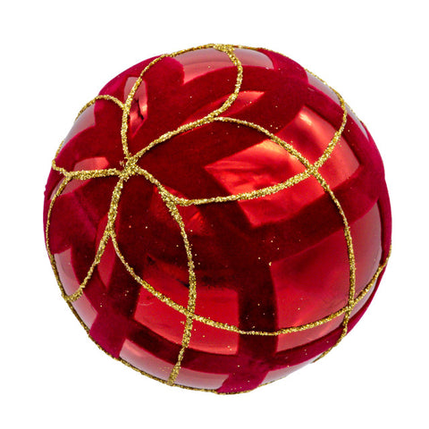 Glass Flocked Red w/Gold Glittered Design Ball Ornament, 3.15" (Set of 6)