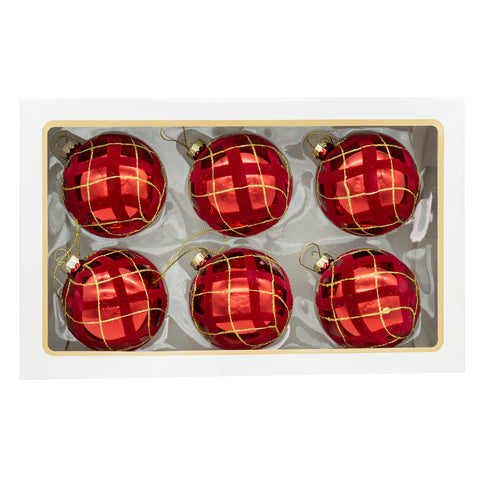 Glass Flocked Red w/Gold Glittered Design Ball Ornament, 3.15" (Set of 6)