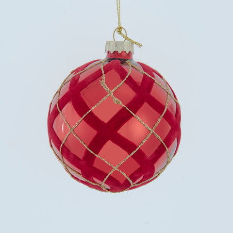 Glass Flocked Red w/Gold Glittered Design Ball Ornament, 3.15" (Set of 6)