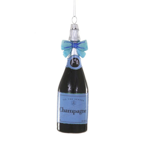 Glass Champagne Bottle w/Bow Ornament, 6" (Blue)