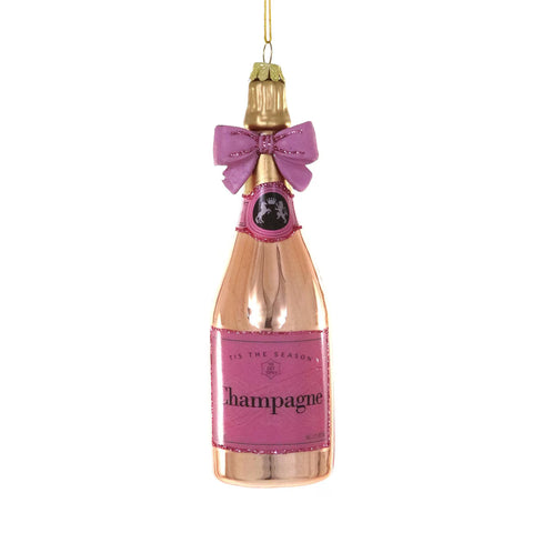 Glass Champagne Bottle w/Bow Ornament, 6" (Pink)