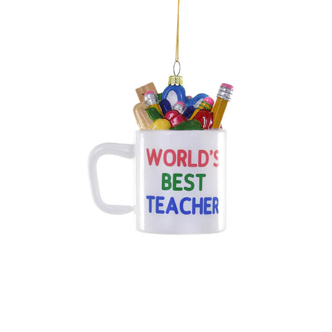 Glass World's Best Teacher Mug Ornament, 4.25"