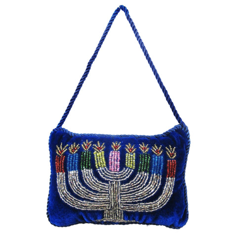 Beaded Menorah on Blue Ash Velvet Doorknocker, 4x6"