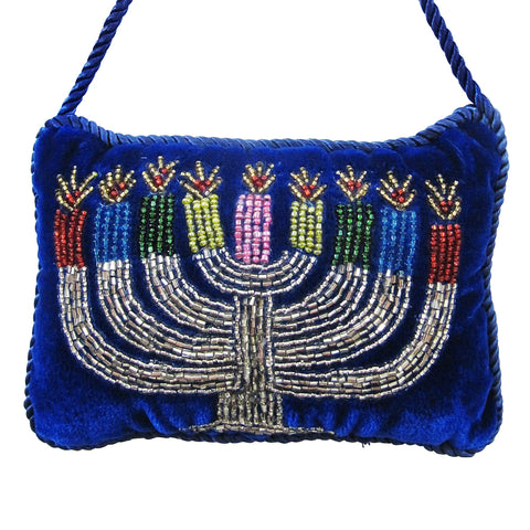 Beaded Menorah on Blue Ash Velvet Doorknocker, 4x6"