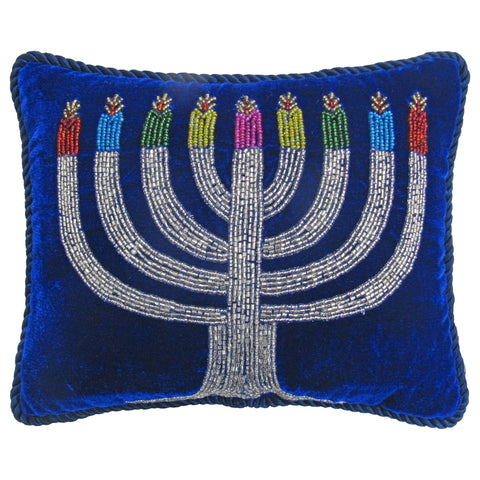 Blue Ash Velvet Pillow W/ Menorah