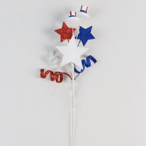 "4th of July" Hat & Star Pick, 17" (Red/Blue/White Glitter)