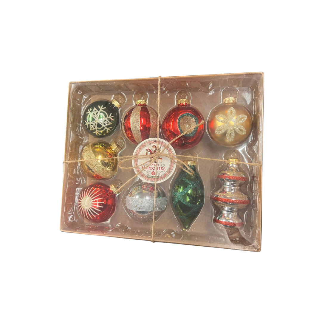 9pc Assorted Ornaments Red/Gold/Green