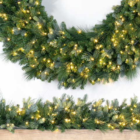 American Mixed Greenery Wreath, LED Lit, 60"