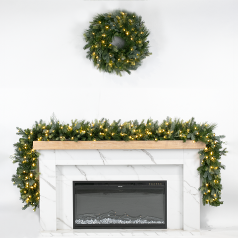 American Mixed Greenery Wreath, LED Lit, 24"