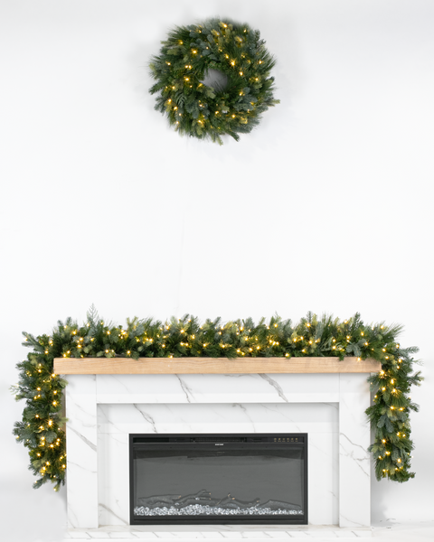 American Mixed Greenery Wreath, LED Lit, 24"
