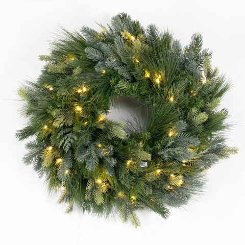 American Mixed Greenery Wreath, LED Lit, 24"
