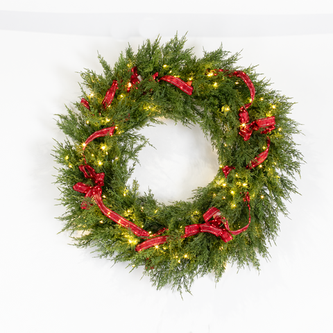 Cedar Pine Wreath w/4 Red Illuma Bow, LED Lit, 32"