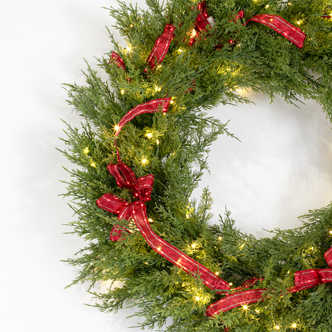 Cedar Pine Wreath w/4 Red Illuma Bow, LED Lit, 32"