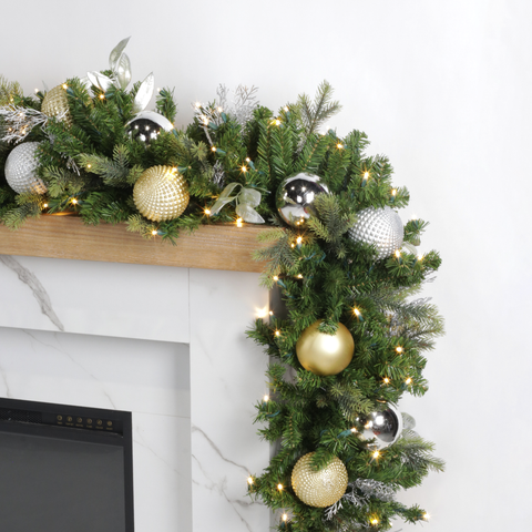 Pre-Decorated Mixed Pine Artificial Christmas Garland, LED Lit Warm White, (10"D / 14"D)
