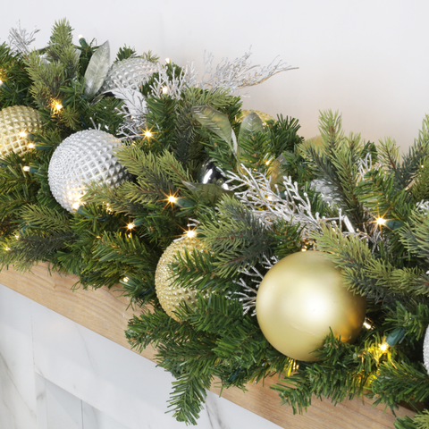 Pre-Decorated Mixed Pine Artificial Christmas Garland, LED Lit Warm White, (10"D / 14"D)
