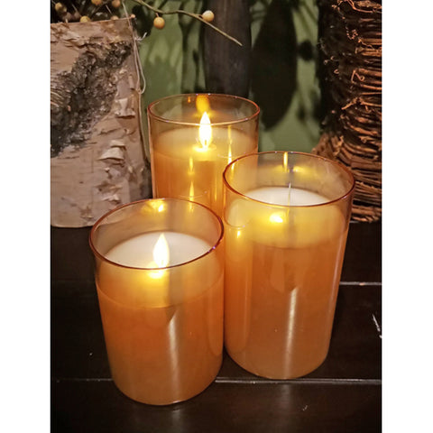 Amber LED Glass Candles, 5-7" (Set of 3)