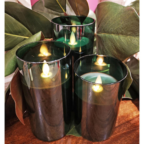 Dark Green LED Glass Candles, 5-7" (Set of 3)