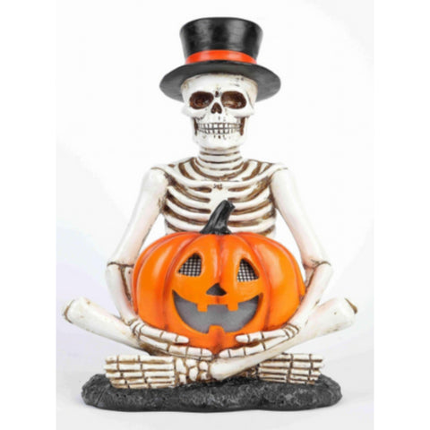 Halloween Sitting Skeleton with Black Hat and Pumpkin (Battery Operated, LED eyes)