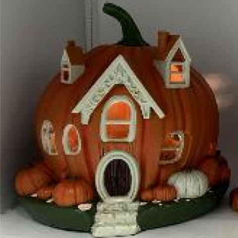 Hand Painted Porcelain Pumpkin Village House w/Gabled Windows