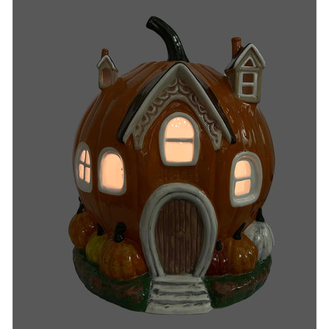 Hand Painted Porcelain Pumpkin Village House w/Gabled Windows