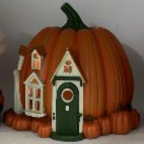 Hand Painted Pumpkin Village House w/Green Door