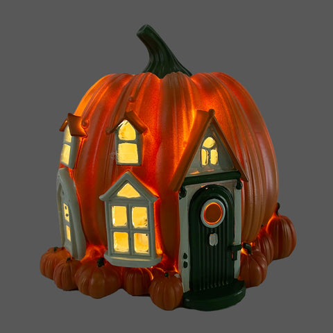 Hand Painted Pumpkin Village House w/Green Door